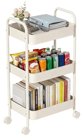 CHUNGG Bathroom Storage 3 Tier Beauty Trolley on Wheels, Kitchen Cart Drawers on Wheels, Easy Assemble Mobile Multifunctional Metal Book Rolling Carts for Living Room Office and Bedroom (White)