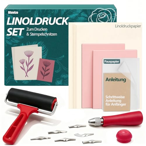 Bluvizo Linoldruck Set für Anfänger: Kreatives Linolschnitt-Set mit 2 weichen Linolplatten, 6 Schnitzklingen, Farbwalze, Übertragungs- und Druckpapier – für eigene Motive