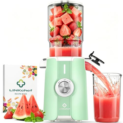 LINKChef Slow Juicer 200W, Extractor de Zumos y Verduras de Prensado en Frío, Licuadora para Frutas y Verduras Enteras con Boca Ancha de 115 mm, 1,2 L, Fácil de Limpiar, Sin BPA, Incluye Recetario