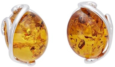Genuine Baltic Honey Amber Stud Earrings for Women – 925 Sterling Silver Oval Cabochon Post Earrings, Natural Amber Jewelry with Lab Report