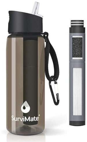 SurviMate Filtered Water Bottle BPA Free 4-Stage Intergrated Filter Straw Camping, Hiking, Backpacking Travel