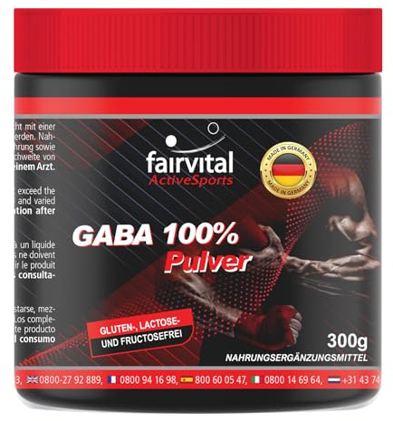 fairvital GABA-pulver, 100% ren gamma-aminosmörsyra, VEGAN, 300 g pulver