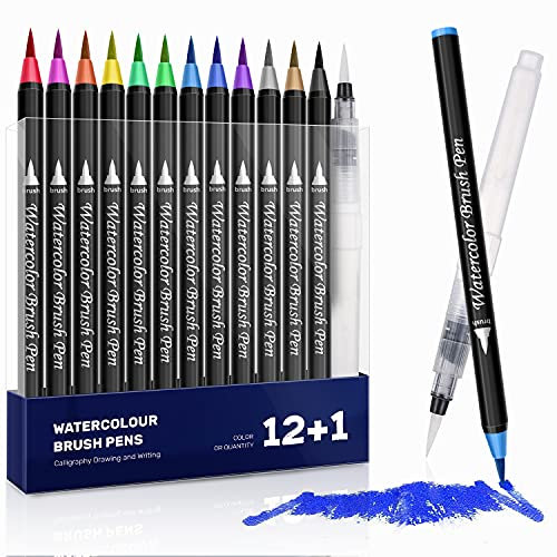EooUooIP Aquarell-Pinselstifte mit 1 weicher Pinselspitze und Nylonstiften für Malerei, Kalligraphie, Bullet Journal, Ausmalen für Erwachsene, 12 Stück