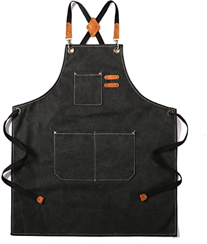 Tosewever Canvas Cross Back Chef Apron for Men Women with Adjustable Straps Large Pockets, Waterdrop Kitchen Heavy Duty Cotton Aprons for Tool Cooking BBQ Artist, M to XXL (Black)