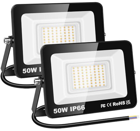 RIGIDON 2x 50W Luci da Esterno, 5000 Lumens Faretto Led, Fari di Sicurezza, Proiettore Led Esterno, Faretti LED Lampada Luce Bianca Naturale 3000K, IP66 Per Giardino Cortile Garage Piazza Officina