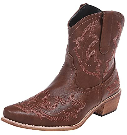 Kinyahoe Cowboy Boots for Women Cowgirl Western Ankle Booties Pointed Toe Low Chunky Heel Embroidered Classic Short (Brown, 40)