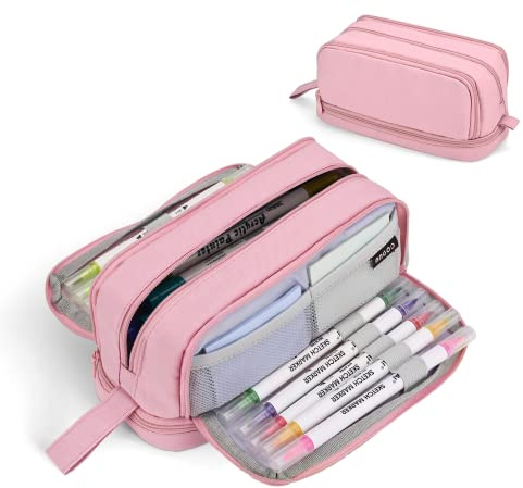 Howala Pencil Case Large Capacity Pencil Pouch for Girls Boys with 4 Compartments Multifunctional Pen Bag Stationery Organizer Office Makeup Bag Portable Pen Bag for Teenage Adult Women Men, Pink