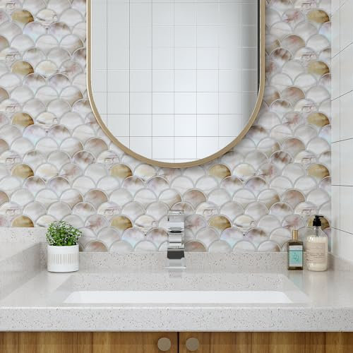 VaryPaper Self Adhesive Wall Tiles - 30.5x30.5cm, 18 Pearl Fish Scales Stickers, Waterproof, Kitchen & Bathroom Backsplash