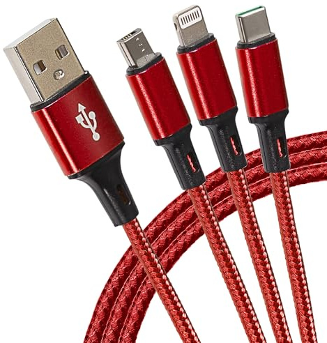 Maplin USB-A to 3 in 1 Multi Charging Cable USB-C & Lightning & Micro USB-B Braided 1.2m Red, for iPhone 15,14,13,12,11, iPad, Android phones Samsung S7/S6/S5, Sony, Huawei, PS4, HTC, Kindle, Camera