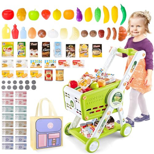 deAO Kinder-Einkaufswagen Trolley Spielset mit vorgetäuschten Lebensmitteln und Zubehör Lebensmittel-Einkaufswagen vorgetäuschtes Spiel und Rollenspiele (Grün)