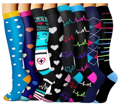 Tlynsnil Calcetines de Compresión para Mujeres y Hombres, 8 Pares Medias de Compresion 15-20 mmHg para Embarazo Viajes Vuelo Ciclismo Enfermera Correr Médicos Atletismo