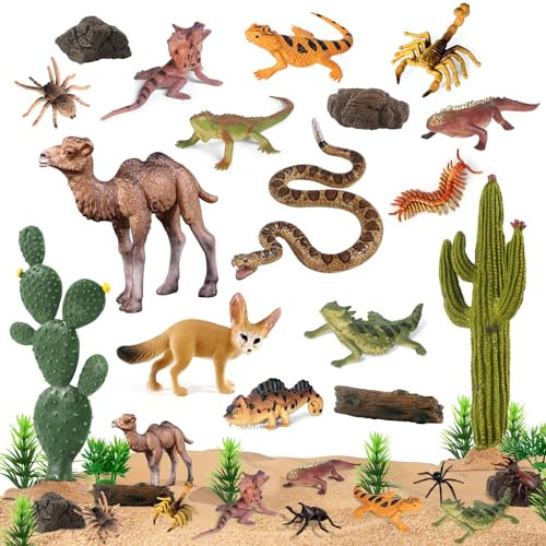 SIENON 32Pcs Desert Animal Figures Creatures Model Trees Cactus Kit Diorama Project with Camel Fennec Fox Rattlesnake Scorpion Lizard Reptile Toy for Kids Birthday Cake Toppers Party Decorations