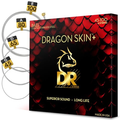 DR Strings DRAGON SKIN+ - Corde per basso in acciaio inox rivestite - DBS-45/100 - Suono superiore con sensazione confortevole e lunga durata: medio leggero 45-100