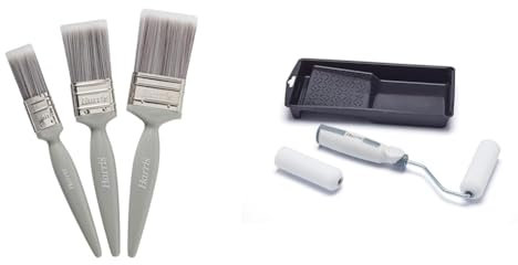 Harris Essentials Walls & Ceilings Paint Brushes, 3 Brush Pack, 1, 1.5, 2,Grey & 102022002 Seriously Good Woodwork Mini Roller Set 4in | Kit Includes: Tray, 1 x Roller Frame