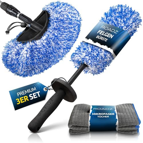 ROADZ® Premium 3in1 Reinigungsset Auto - mit Felgenbürste & Waschbürstenüberzug für maximale Ergebnisse - super saugfähig & extra weich - 2 extra Mikrofasertücher - Waschset - Brushcover Car Wash Set