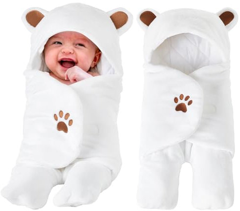 Lilian&Gema Swaddles Pucksack Baby 0-6 Monate, Ultra Soft Plüsch Essentiell Baby Schlafsack für Jungen und Mädchen, Niedlicher Bär Swaddle Weiß,Babys Pucksack Geburt