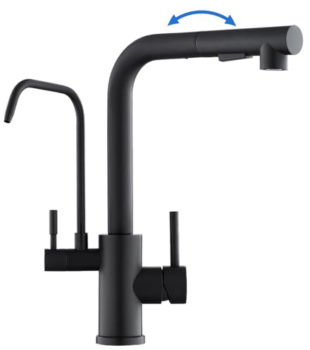 ROVOGO 3 Wege Wasserhahn Küche Edelstahl 304 mit Herausziehbare Dual-Spülbrause, Hochdruck Schwarz Küchenarmatur mit Filter, Doppelhebel Mischbatterie Küche für Heiß-, Kalt- und Trinkwasser, L-Auslauf