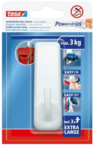 tesa Powerstrips självhäftande krokar XL – 1 krok, 3 Powerstrips – vit