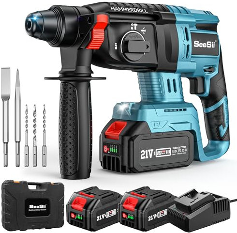 Seesii Akku Bohrhammer, 2,5J 4950BPM Leistungsstarker Bohrhammer mit Verbessertem Sicherheitsdesign, Bohrhämmer mit 2 * 4,0AH Akkus und Ladegerät, Akku Schlagbohrschrauber für Profis und Heimwerker