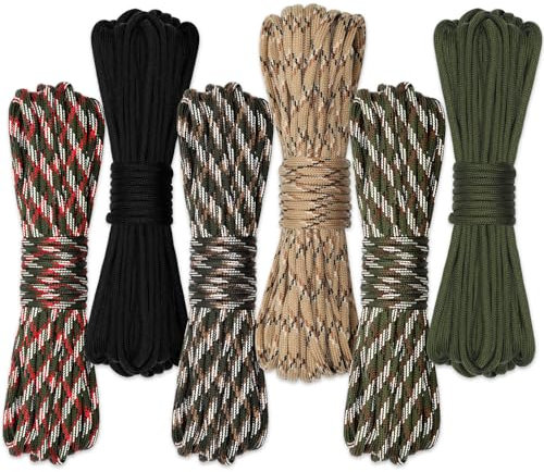 Votoko 6 Stück 33ft/10m Paracord 4mm, Paracord Schnüre 7 Kern-Strängen Nylon Seil, Reepschnur Hält bis zu 250kg/550LB, Ideal für Outdoor Survival Camping Basteln Armband Hunde-Leine