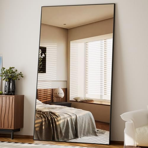 BEAUTYPEAK Large Full Length Mirror, 218x102 cm Oversized Full Body Mirrors with Stand, Standing or Wall-Mounted Floor Mirror with Aluminum Alloy Frame for Bedroom, Living Room, Black