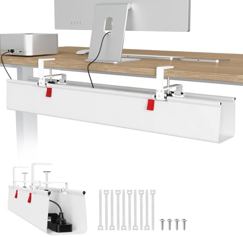 Univivi Under Desk Cable Management Tray No Drill, 36 inch Cable Tray White | Clamp/Screw Mount Desk Cable Tidy, Premium Fabric Cable Management Tray, Large Capacity Cord Organiser for Office, Home