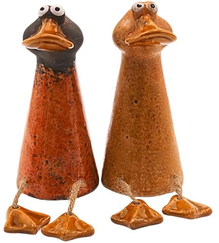 Set di 2 sgabelli per bordi, anatre decorative, statuette d'anatra, statuetta da giardino, anatra, laghetto, anatra, in ceramica, colore marrone, set da 2 pezzi, dimensioni di un personaggio da