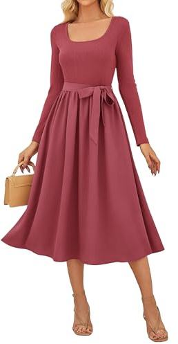 GRACE KARIN Women's A-Line Long Sleeve Wedding Guest Dress, U-Neck Jumper Winter Dresses for Women UK, Cocktail Prom Dress with Pockets Red L
