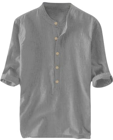 Chemise Ete Homme Manches Mi-Longues- Chemise Col Mao Slim avec Boutons Classique Couleur Unie Confortable Respirant Blouse Décontracté Simple Ample De Tous Les Jours Travail Busines Haut