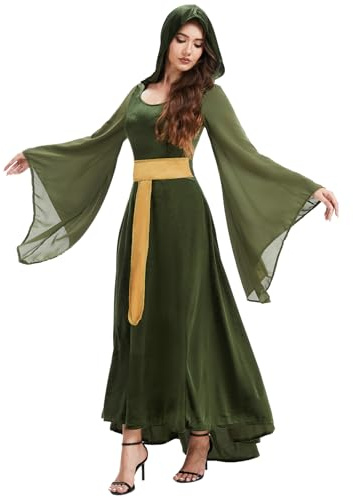 Vestido largo medieval retro verde con capucha y cordones, disfraz de princesa victoriana renacentista para Halloween, carnaval, fiesta (verde, M)