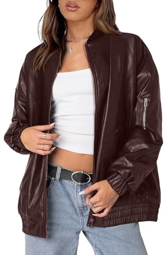 XIEERDUO Leather Jacket Women Faux Oversized Motorcycle Bomber Coats 2025 Fall Fashion Outfits Winter Clothes Dark Coffee S