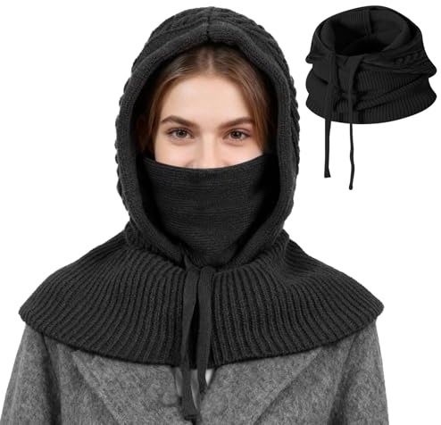 TAGVO Chaud Ensemble Bonnet Écharpe et Masque Hiver, 3 en 1 Tricotés Cagoule Masque Facial avec Cache-Cou Doux Écharpe à Capuche Unisexe, Réglable Masque Coupe-Vent pour Visage et Cou