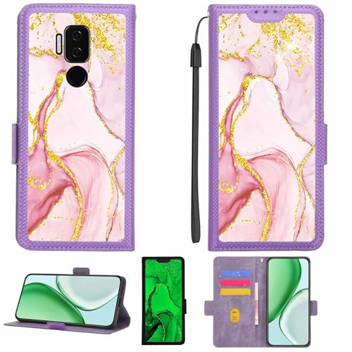 Aroepurt fodral kompatibelt med Cricket Influence telefonfodral flipskydd [med härdat glas skärmskydd] [RFID-blockering] [Guldglitter + lysande] LPT-FDL