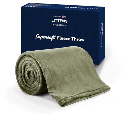 Littens Essentials Olive Green Double Bed Flannel Fleece Throw Blanket Soft Cosy Fluffy Warm Lightweight Thermal Winter 150cm x 180cm