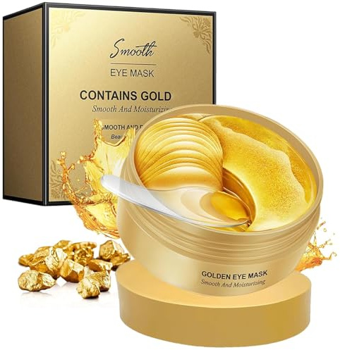 60 styck 24K guld ögonlappar med kollagen & hyaluronsyra | anti-aging ögonmask mot mörka ringar, säckar under ögonen & rynkor, Kylnings- och fuktgivande gelögonlappar för män & kvinnor