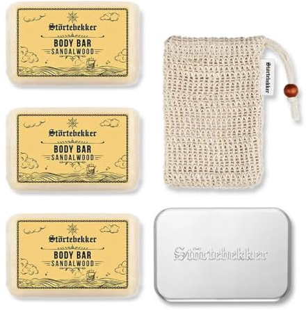 Störtebekker Premium Body Shower Set, 3 x Solid Shower Gel (Sandalwood) Including Sisal Soap Bag & Soap Box XL for Men and Women, Vegan & Handmade in Holland