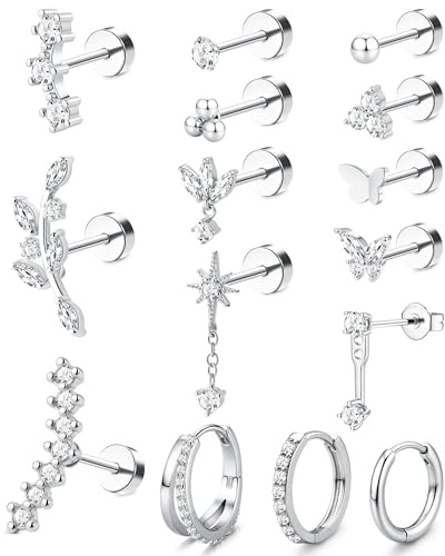 MILACOLATO 16G/18G/20G Helix Piercing Schmuck Flache Ohrringe für Frauen Hypoallergene Ohrringe aus Chirurgischem Stahl Ohrstecker Creolen Knorpel Ohrstecker Conch Daith Tragus Piercing Schmuck-F-CS