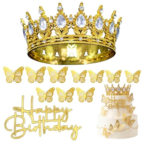 12Pcs Cake Decorations, Crown Cake Topper, Gold Crown for Birthday, Princess Party Accessory with Golden Finish, Including 1 Large gold and white crown, 1 Happy Birthday decoration and 10 golden butte