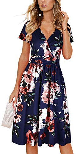 OUGES Damen Sommerkleid Kurzarm V-Ausschnitt Knielang Blumenmuster Midi Kleid mit Taschen(Floral02, XL)