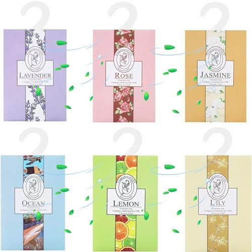 WDEC 6pcs Sachets With Hanging Sachets Wardrobe Closet Room Wardrobe Fresheners Bathroom Cart, Aromatherapy Bag, Natural Mothproof Agent, Lasting Fragrance(Jasmine, Rose, Lavender, Lily, Ocean, Lemon)