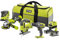 RYOBI - 4-teiliges Werkzeug-Kombo: Bohrmaschine + Pendelstichsäge + Winkelschleifer 115 mm + Schleifmaschine + 1 Akku 2,0 Ah + 1 Akku 5,0 Ah + 1 Schnellladegerät - Lieferung in Tragetasche -