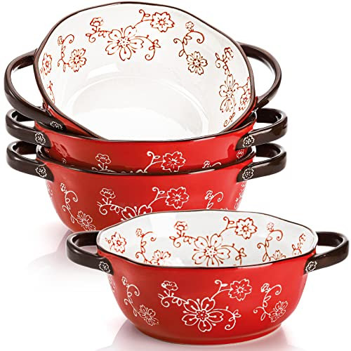 AVLA Lot de 4 bols à soupe en céramique de 650 ml avec poignée profonde, grands pots en céramique pour soupe à l'oignon, ragoût, pâtes, céréales, tartes (rouge)