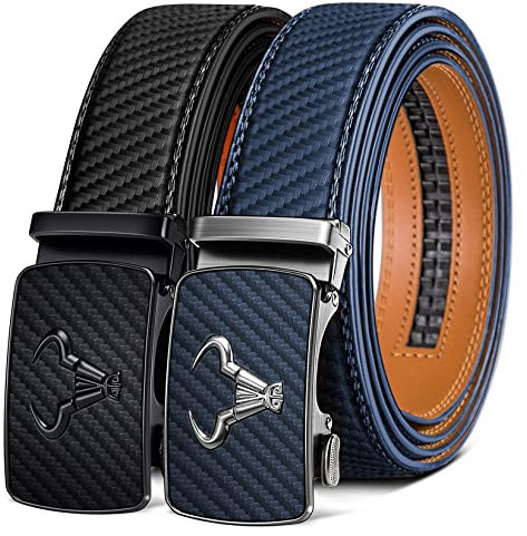BULLIANT Gürtel Herren 2er, Gürtel Ratsche Automatikschließe Ledergürtel für Herren Verstellbar 35mm Breit mit Geschenkbox(Schwarz/Purpurblau-105cm/28-34 taille verstellbar)