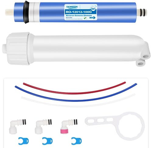 YKMGON 100GPD Umkehrosmose-Membran-Set mit RO-Membrangehäuse, Schraubenschlüssel, 6,35 mm Schnellverbindungsarmaturen, Rückschlagventil und Wasserleitung, Ersatz für Trinkwasserfiltersystem unter der