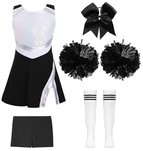 YEAHDOR Vestito Cheer-Leader con Pantalocini Pon Pon per Bambina Uniforme da Cheerleading Costume per Halloween Carnevale Masquerade 5 Pezzi B Bianco 11-12 anni