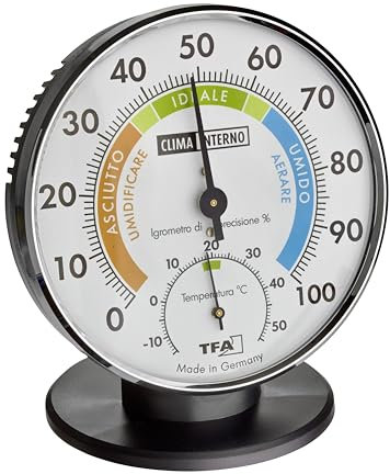 TFA Dostmann Termometro Igrometro di precisione, 45.2033.IT, Termoigrometro per la climatizzazione ambienti interni, scala analogica italiana, con zone di comfort, controllo di temperatura e umidità