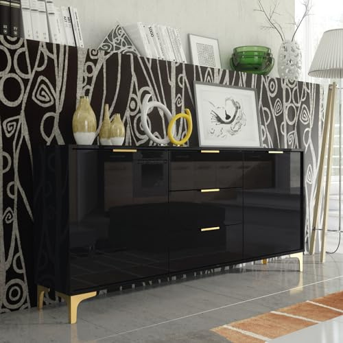 Creative Furniture Sideboard 140cm Luxury Modern TV Unit Stand - Black High Gloss & Gold Finish Accents, LUX101