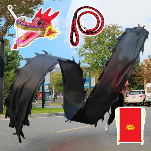 Jongliertücher Reines Farbdrachen-Poi-Band im Freien, Wirft Eine Wulong-Luftschlange aus Seide zur Parade, 6m/ 8m/ 10m, Sport-Fitness-Jonglier-Drachen-Poi-Set (Color : Black, Size : 8 m (26 ft))
