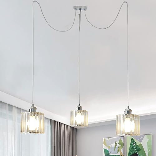 Lampada a Sospensione moderno E27 plafoniera in cristallo,Cromo lampadario ragno regolabile 2 metri,Plafoniera Moderna in Cristallo per Soggiorno,Cucina,Camera da Letto,sala da pranzo (3 luci)
