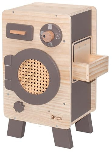 howa Kinderwaschmaschine aus Holz - Spielzeug Waschmaschine mit drehbarer Trommel, Regler mit Klickgeräusch, Waschmittelfach, Utensilienhalter, Natur-Taupe 4826
